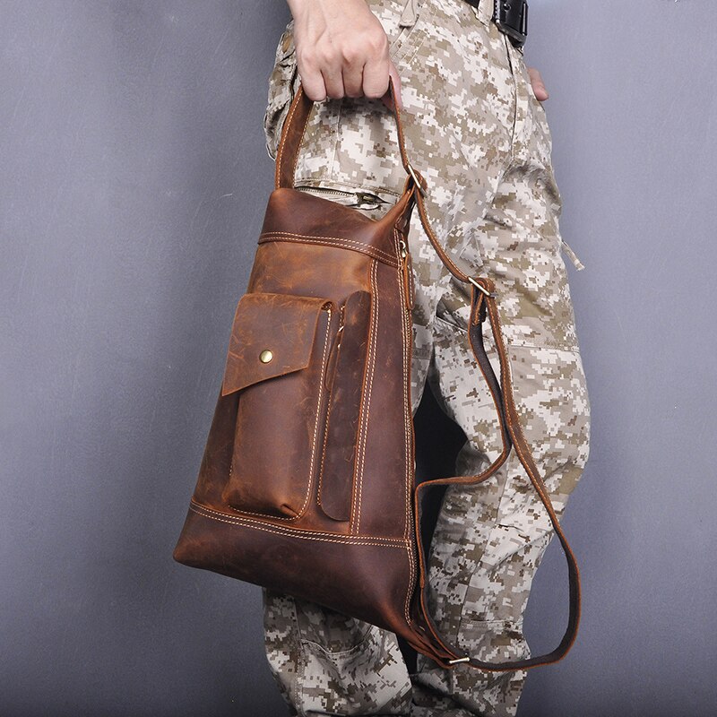 2020 New Men Original Leather Casual Fashion Chest Sling Bag 9" Tablet Design Travel One Shoulder Bag Crossbody Bag Male 2329