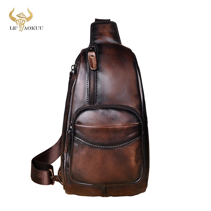 New Men Original Cow Leather Casual Coffee Design Travel Triangle Chest Sling One Shoulder Bag Fashion Cross-body Bag Male 8012