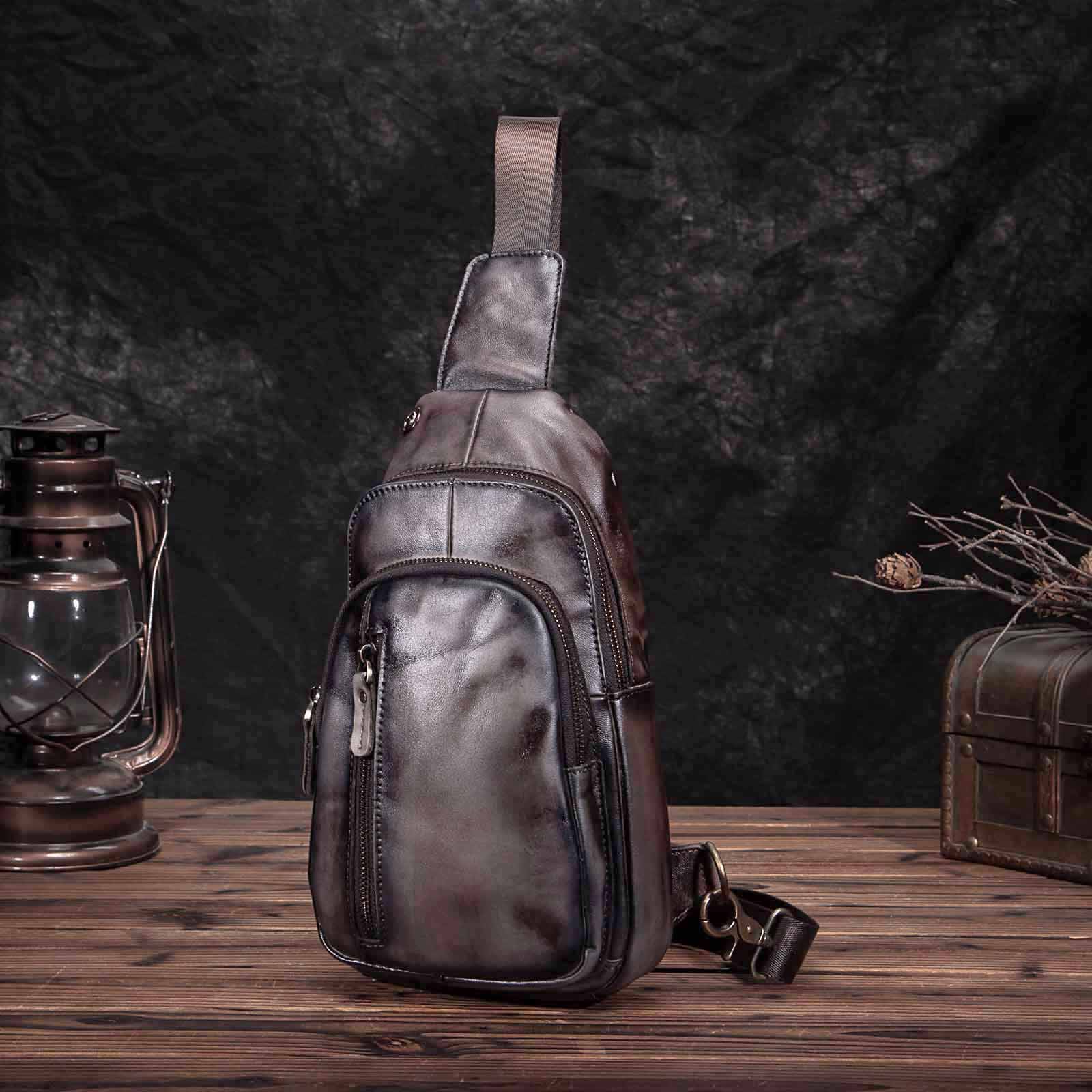 Real Genuine Leather Design Triangle Sling Chest Bag For Men Male Travel One Shoulder Strap Bag 8" Tablet Umbrella Daypack 8005