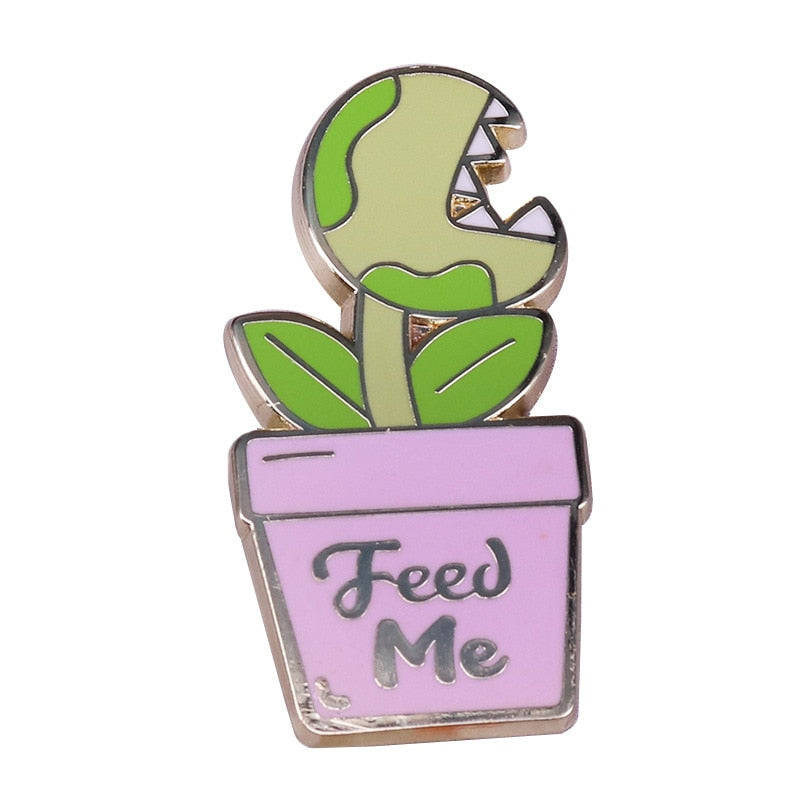 "Feed Me"-Fun Potted Plant Badge with Venus Flytrap Brooch