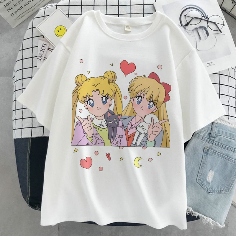 Sailor Moon Kawaii Graphic Print T-shirt Women Sailor Moon White Top Streetwear