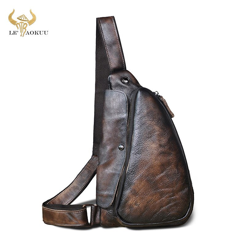 Men Natural Real Leather Casual Fashion Coffee Travel Triangle Chest Sling Bag Design One Shoulder Cross-body Bag For Male 9976