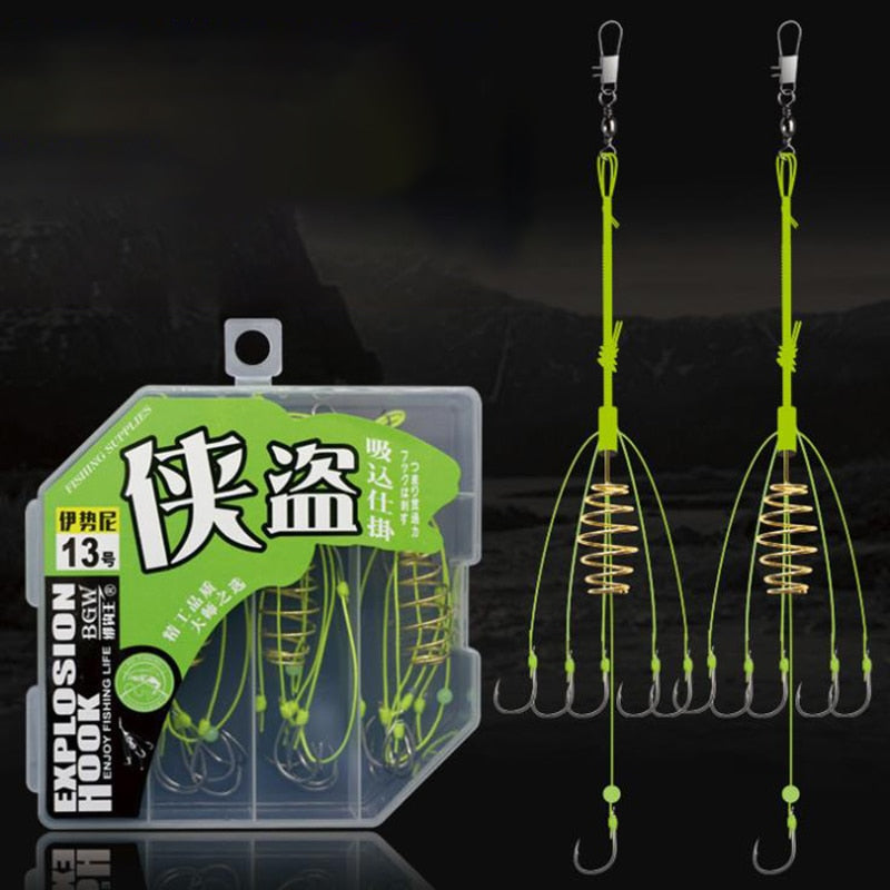 4PCS/box Explosion Fishing Hook Spring Lure Green Line Bomb Hook Anti-hanging End Throw Rod Hook Waist Drum Bait Cage Pesca