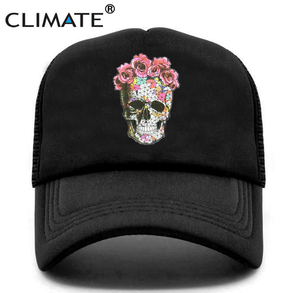 CLIMATE Flower Skeleton Trucker Cap Cool Skull Bone Cap HipHop Baseball Caps Summer Bloodcurdling Black Mesh Cap Hat for Men