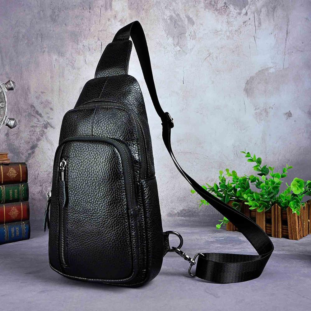 Real Genuine Leather Design Triangle Sling Chest Bag For Men Male Travel One Shoulder Strap Bag 8" Tablet Umbrella Daypack 8005