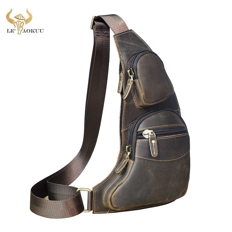 New Men Crazy Horse Leather Casual Fashion Triangle Chest Sling Bag 7" Travel Design One Shoulder Bag Cross body Bag Male 2021