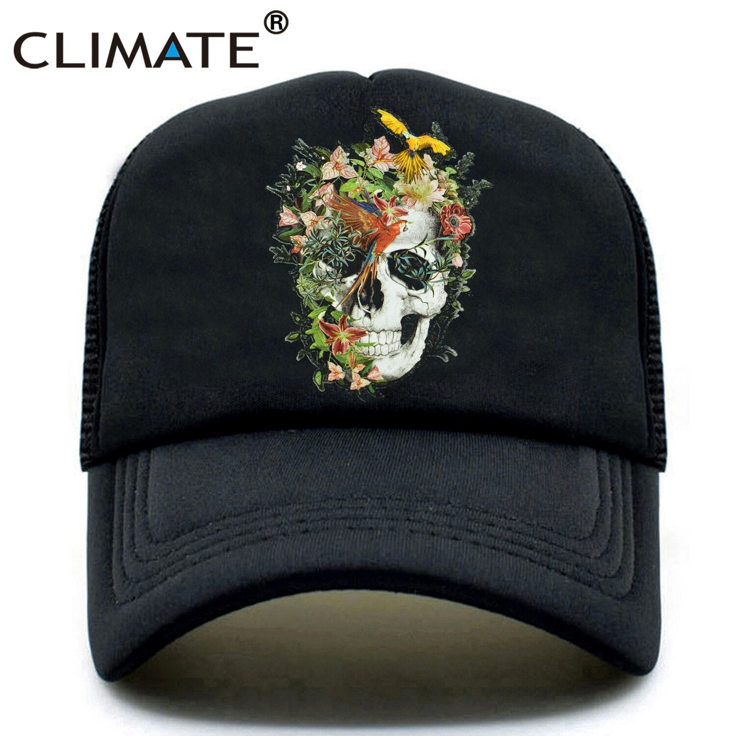 CLIMATE Flower Skeleton Trucker Cap Cool Men Skull Bone Flower Cap HipHop Caps Summer Bloodcurdling Black Mesh Cap Hat for Men