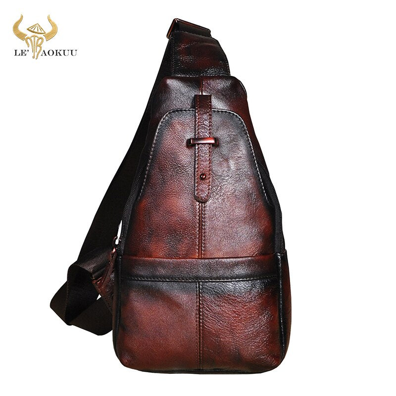 Hot Sale Men Original Leather Casual Fashion Wine Triangle Chest Sling Bag 8" Tablet Design One Shoulder Cross body Bag Male 196