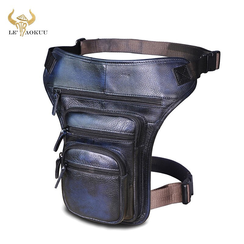 Hot Sale Original Leather Design Men Blue Messenger Mochila Bag Fashion Organizer Fanny Waist Belt Pack Drop Leg Bag Male 3111