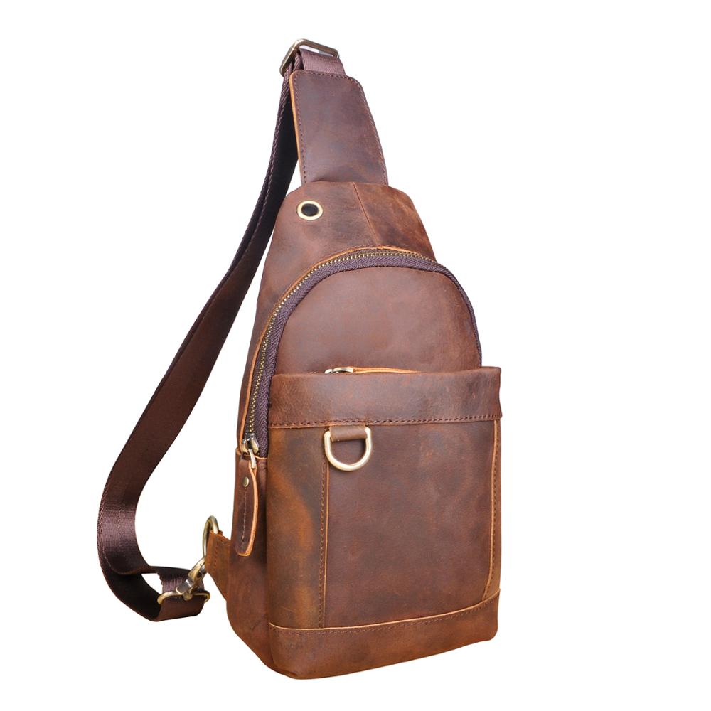 2020 Trend Men Genuine CowLeather Fashion Travel Triangle Chest Sling Bag Design One Shoulder Cross-body Bag Day-pack Male 8016