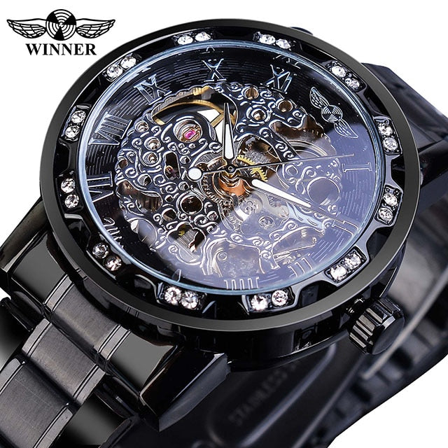 Winner Transparent Diamond Mechanical Watch Blue Stainless Steel Skeleton Watch