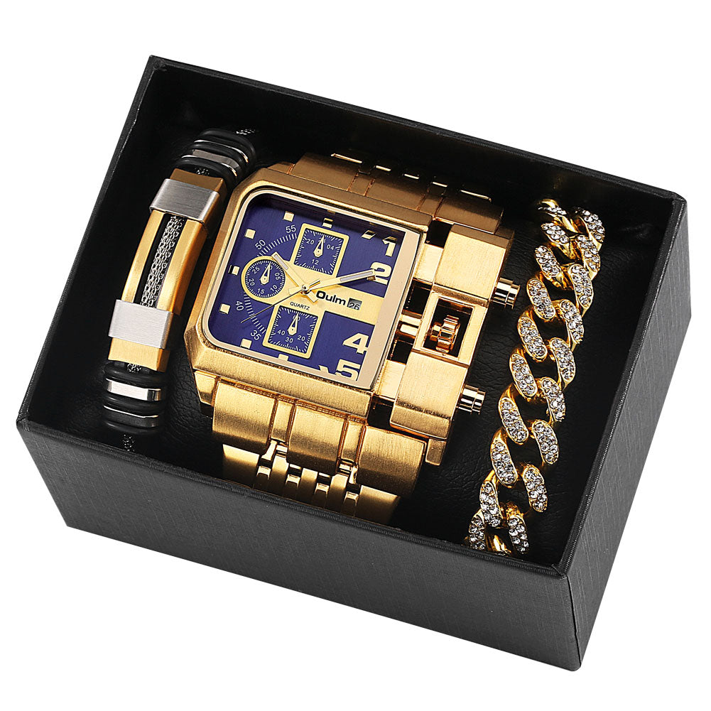 Top Brand Luxury Fashion Men Wristwatch Gold Stainless Steel Sport Square Digital Big Dial Quartz Watches Gift Set Reloj Hombre