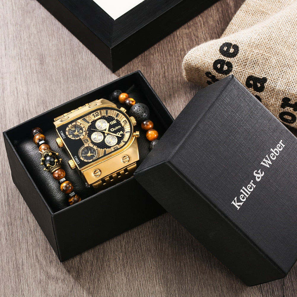 Top Brand Luxury Fashion Men Wristwatch Gold Stainless Steel Sport Square Digital Big Dial Quartz Watches Gift Set Reloj Hombre