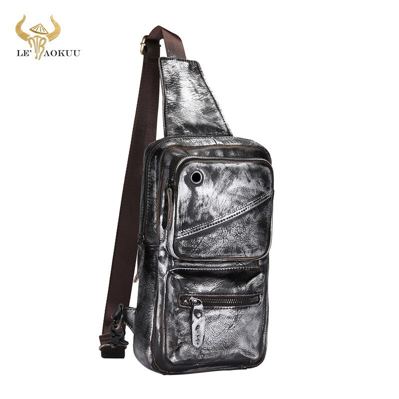 Hot Sale Real Original Leather Triangle Sling Chest Bag 8" Tablet Design One Shoulder Strap Cross-body Bag For Men Male 8020