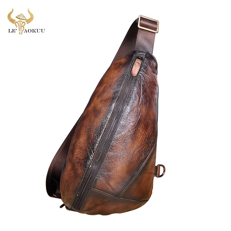 Trend Men Crazy Horse Leather Casual Triangle Chest Sling Bag Design One Shoulder Bag Fashion Cross-body Bag Day-pack Male 5059