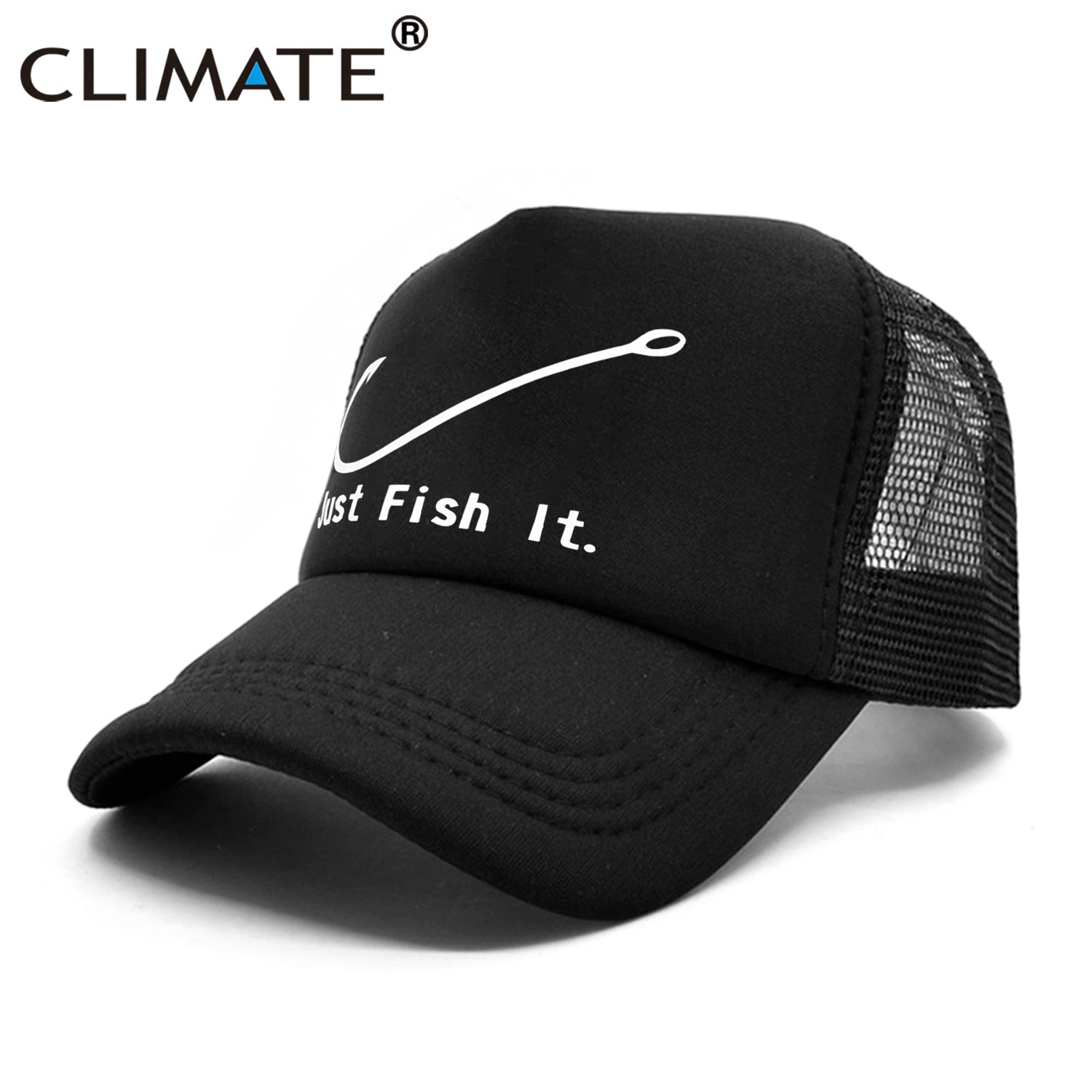 CLIMATE Fishing Cap Fish Hook Trucker Cap Just Fish It Cap Men Funny Pike Fish Fishing Cap for Man Hook Cap Summer Cool Mesh Cap