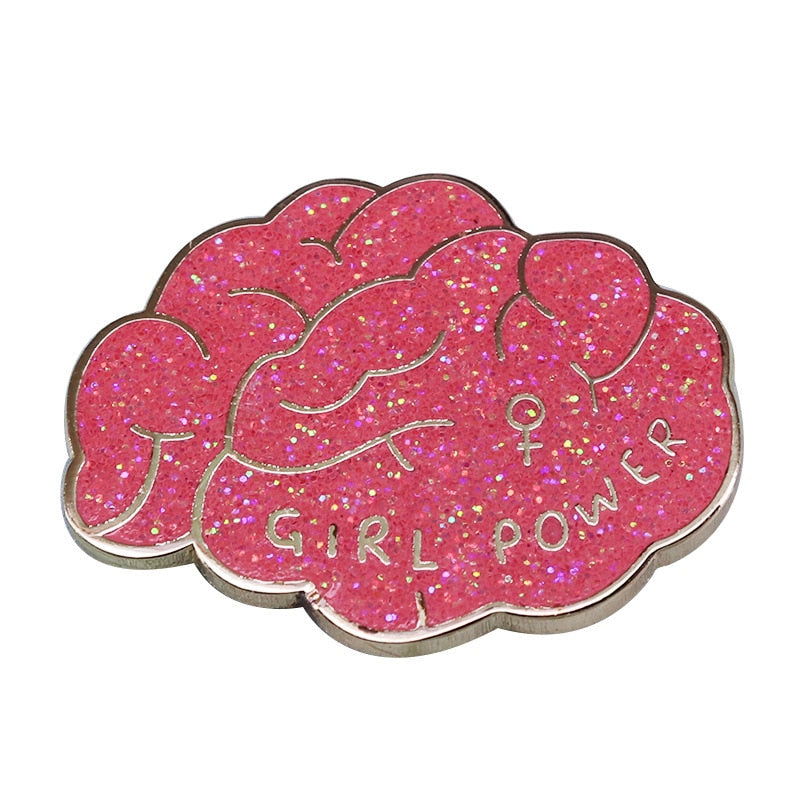 "Girl Power"-Fun and Cute Feminist Badge with Flashing Brain Brooch