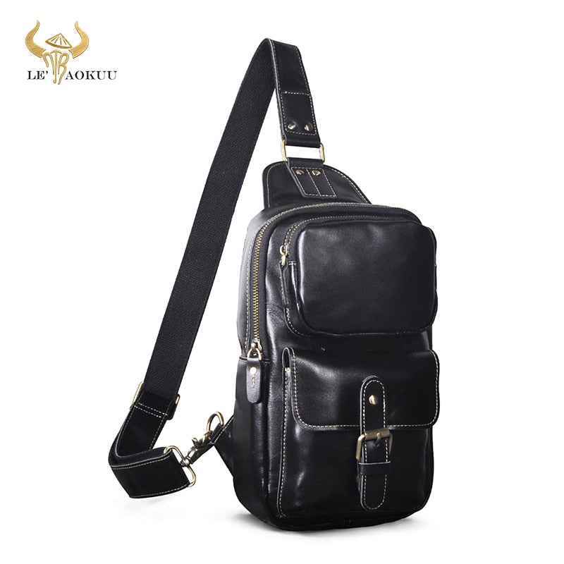 2022 New Real Genuine Leather Retro Triangle Chest Sling Bag 8" Tablet Design One Shoulder Strap Cross body Bag Men Male 1315