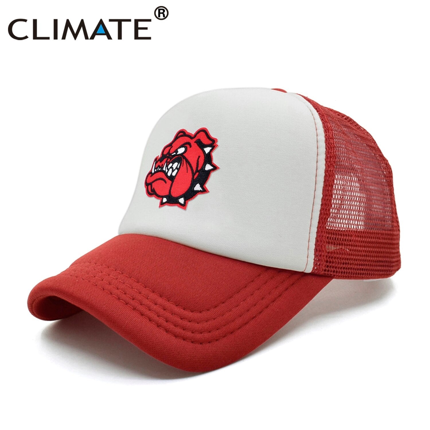 CLIMATE Cool Pitbull Dog Cap New Bulldog Trucker Cap Fierce Feral Red Dog Cartoon Mesh Cap Hip Hop Summer Hat Caps for Men