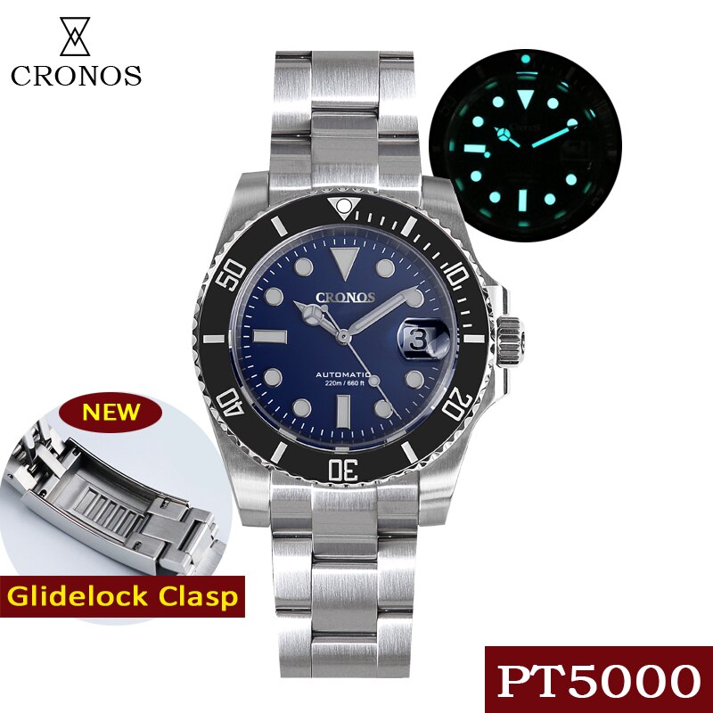 Cronos Diver Luxury Men Watch Stainless Steel PT5000 Bracelet Ceramic Rotating Bezel 200 meters Water Resistant Glidelock