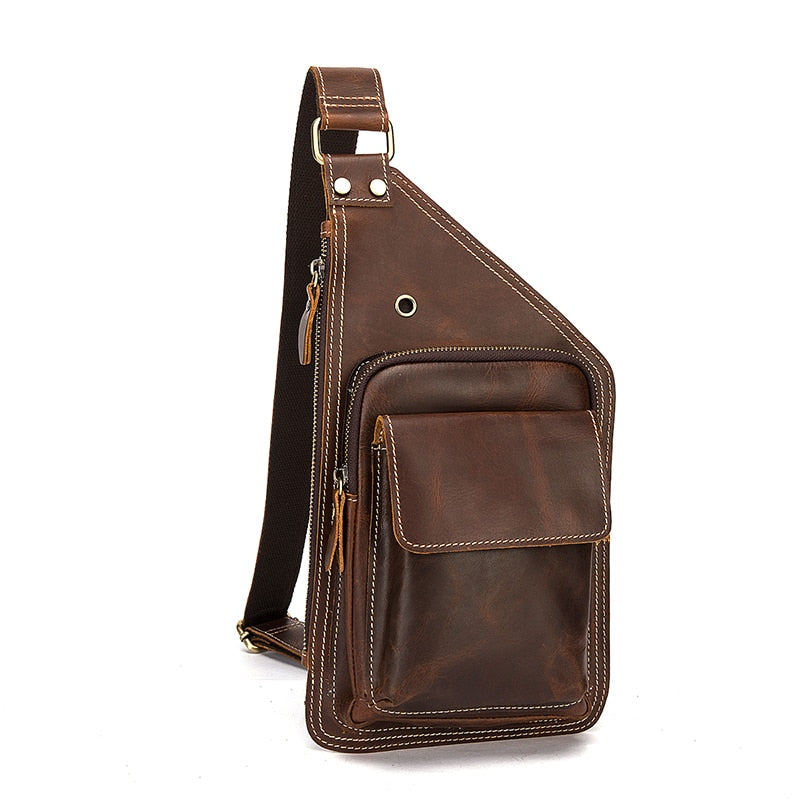 Hot Sale Men Crazy Horse Leather Vintage Triangle Chest Sling Bag 8" Tablet Design One Shoulder Bag Cross body Bag Male 1318