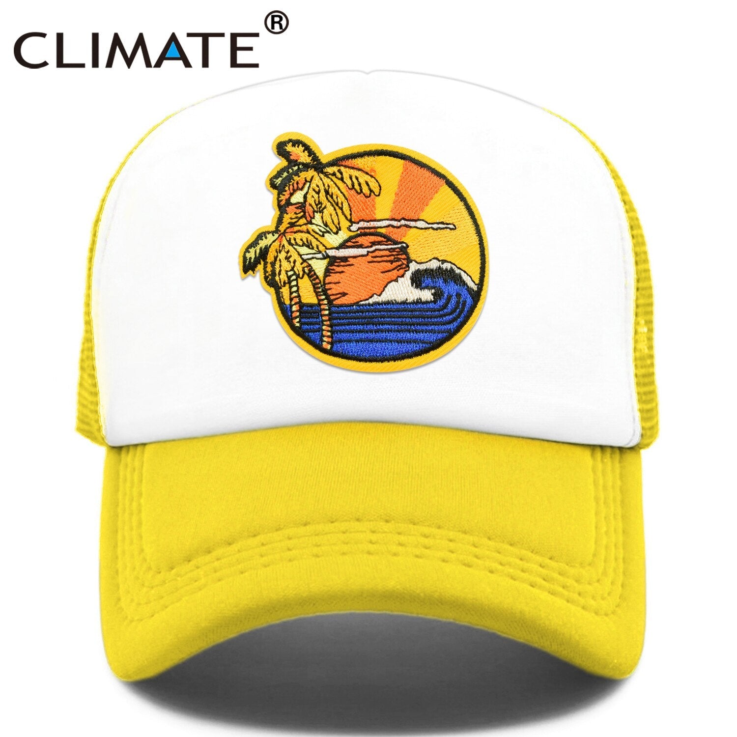 CLIMATE Seaside View Trucker Cap Hat Sandbeach Sight Vacation Cap Coconut Holiday Mesh Cap Surfing Sunrise Sea Wave Cool Hat Cap