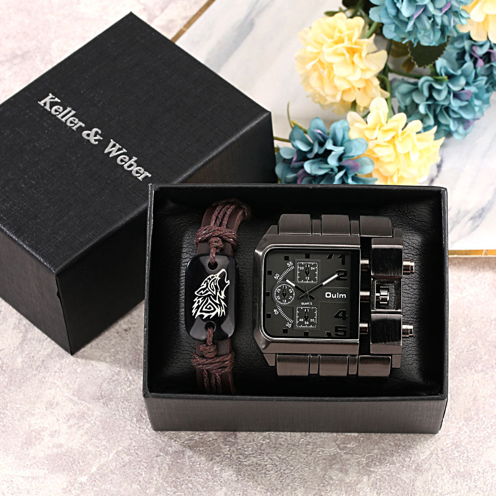 Top Brand Luxury Fashion Men Wristwatch Gold Stainless Steel Sport Square Digital Big Dial Quartz Watches Gift Set Reloj Hombre