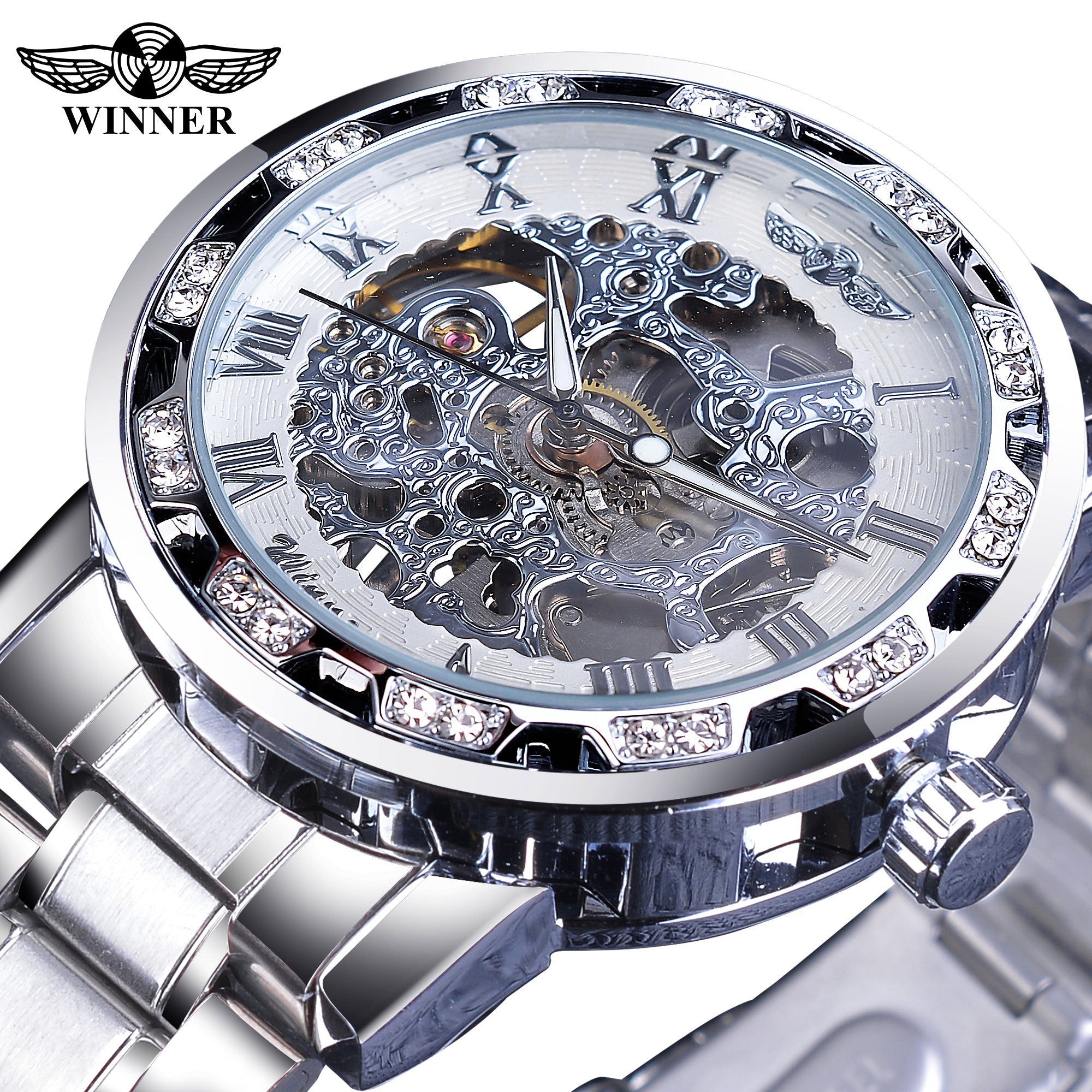 Winner Transparent Diamond Mechanical Watch Blue Stainless Steel Skeleton Watch