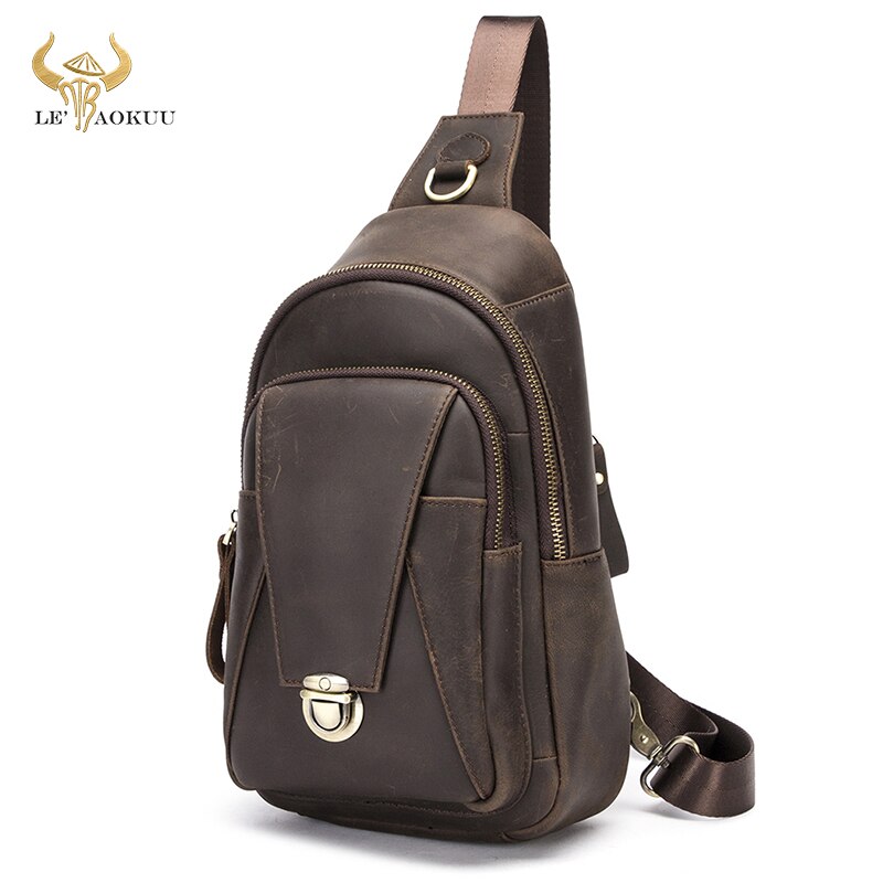 New Hot Sale Men Crazy Horse Leather Unique Triangle Sling Chest Bag 8" Tablet Design One Shoulder Bag Cross body Bag Male 8018