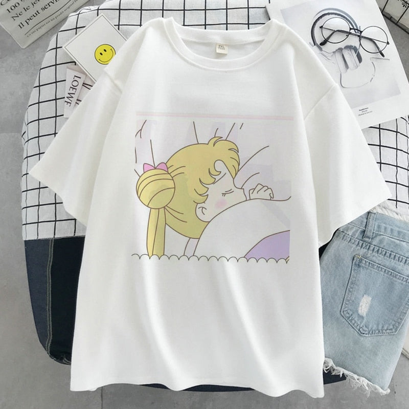 Sailor Moon Kawaii Graphic Print T-shirt Women Sailor Moon White Top Streetwear