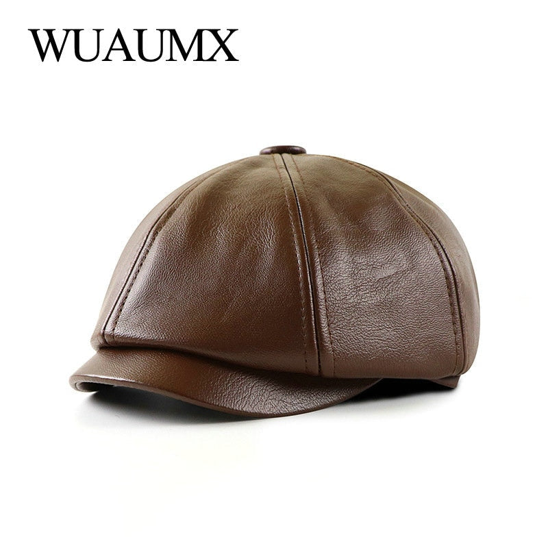 Wuaumx PU Newsboy Caps Men Faux Leather Octagonal Hat Male Retro Middle-aged Duckbill Berets Black Detective Hats Painter Caps