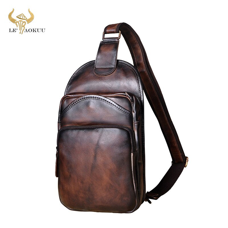 Le'aokuu Men Top Quality Leather Casual Vintage Fashion Coffee Chest Sling Bag Design One Shoulder Cross-body Bag For Male 9977