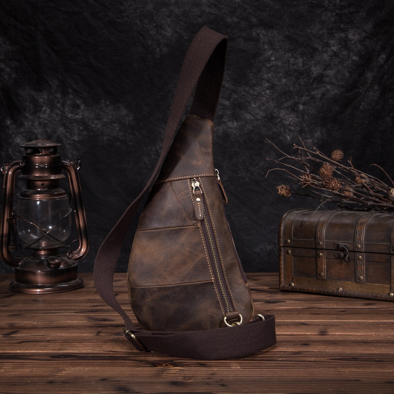 Trend Men Natural Leather Fashion Wine Travel Sling Chest Bag 8" Tablet Umbrella Design One Shoulder Cross-body Bag Male 8810