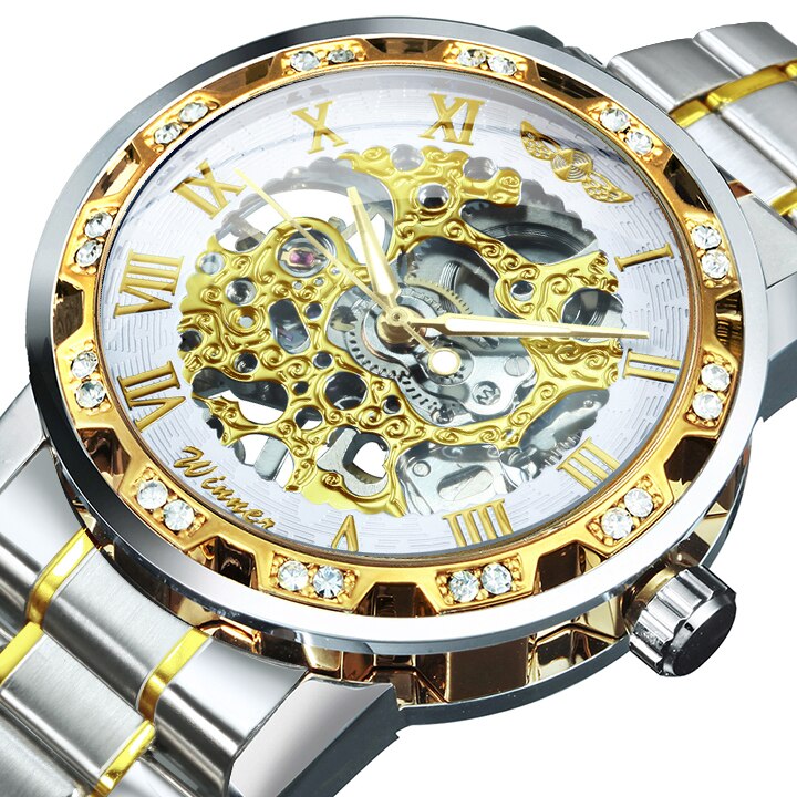 Winner Transparent Fashion Diamond Luminous Royal Design Mens Watches Top Brand Luxury Male Mechanical Skeleton Gold Wrist Watch