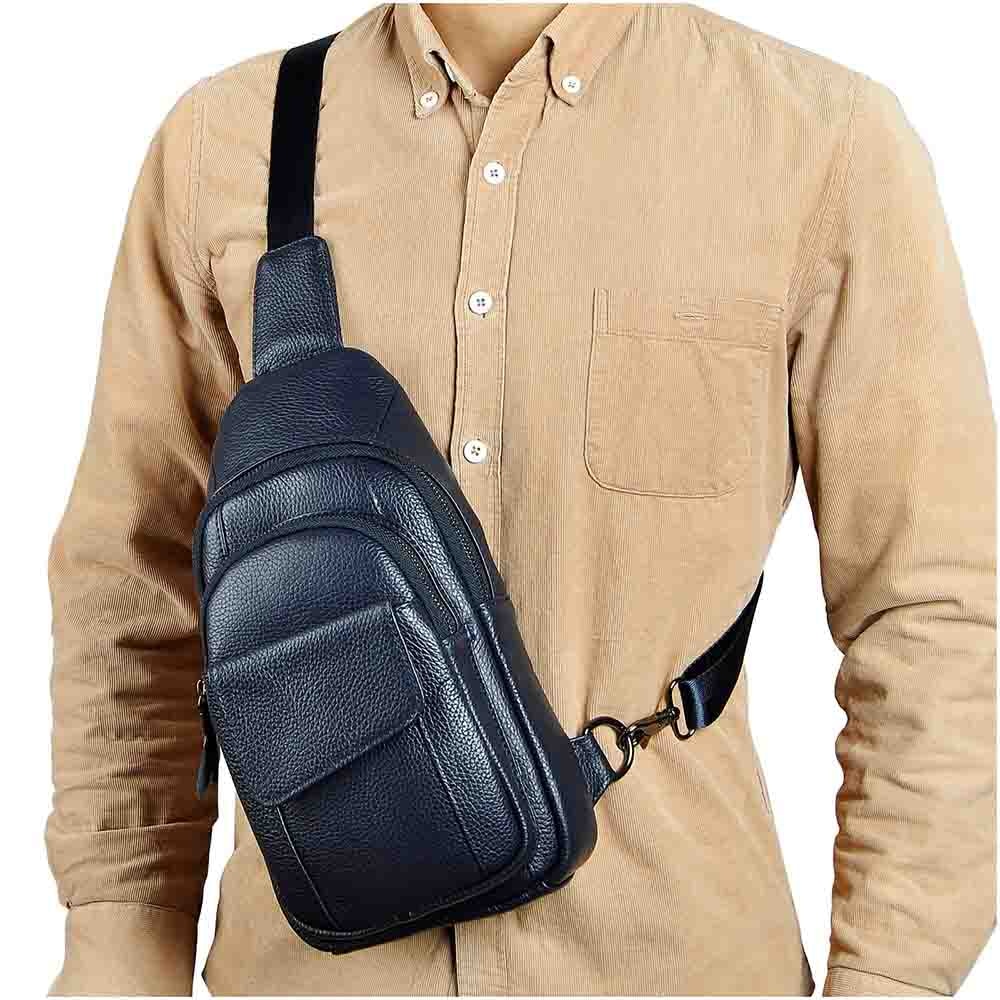 Luxury Quality Leather Fashion Wine Triangle Sling Chest Bag 8" Tablet Design Travel One Shoulder Cross body Bag Male 8013