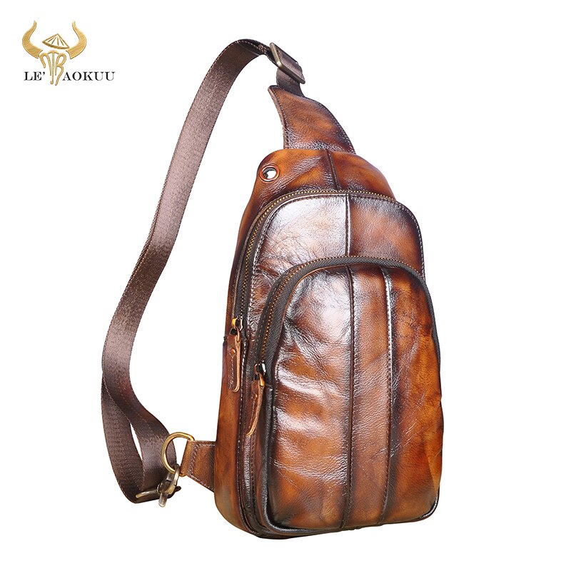 Men Retro Original Leather Casual Design Chest Sling Bag Fashion Travel One Shoulder Bag 8" Tablet Umbrella Daypack Male 8006