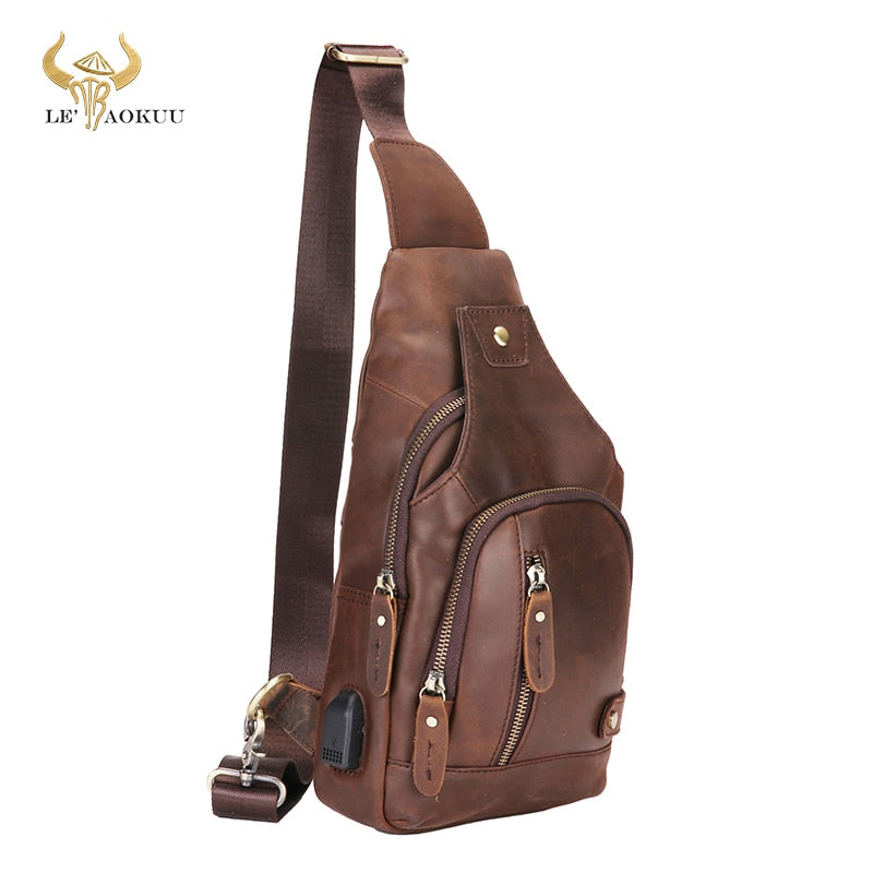 New Hot Sale Real Crazy Horse Leather Retro Sling Chest Bag 8" Tablet Design One Shoulder Strap Cross-body Bag For Men Male 8066