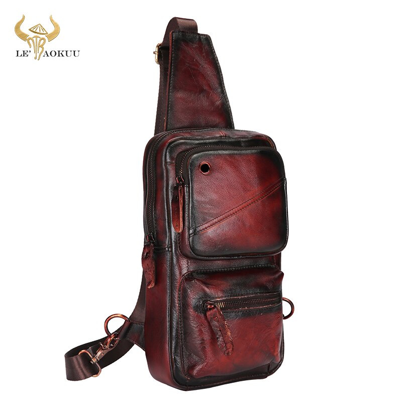 New Hot Sale Soft Grain Leather Triangle Sling Chest Bag 8" Tablet Design One Shoulder Strap Cross-body Bag For Men Male 8020