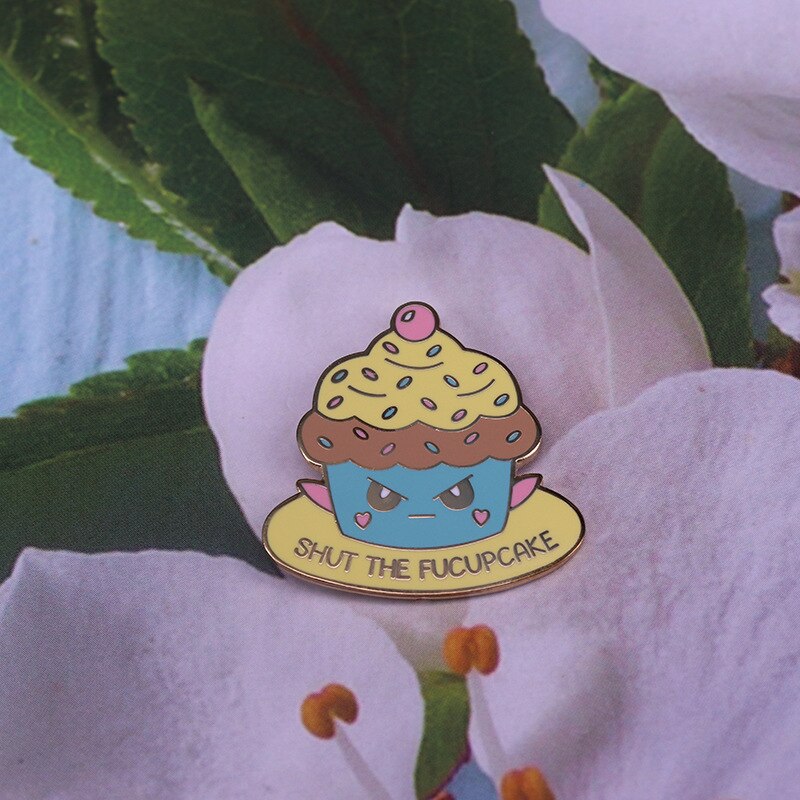 "Shut up"-cupcake brooch funny angry dessert badge cute baker gourmet accessory