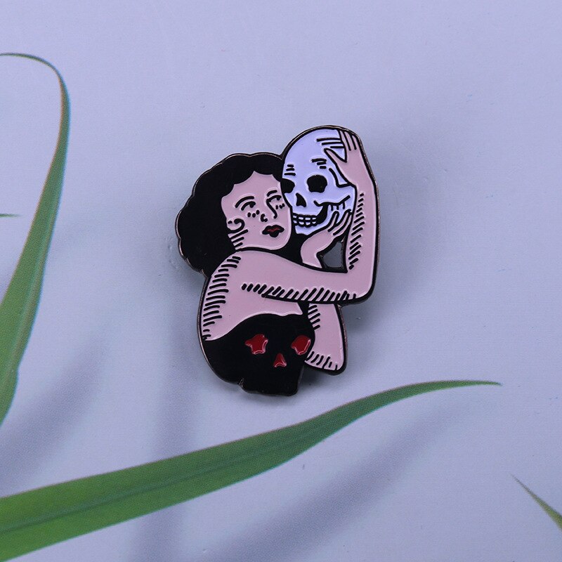 Woman with skull badge horror gothic accessory pin