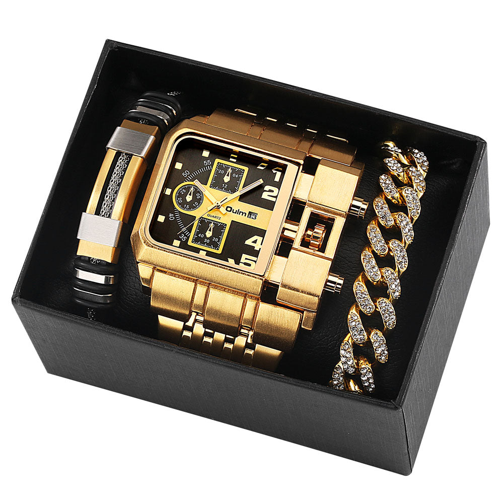 Top Brand Luxury Fashion Men Wristwatch Gold Stainless Steel Sport Square Digital Big Dial Quartz Watches Gift Set Reloj Hombre