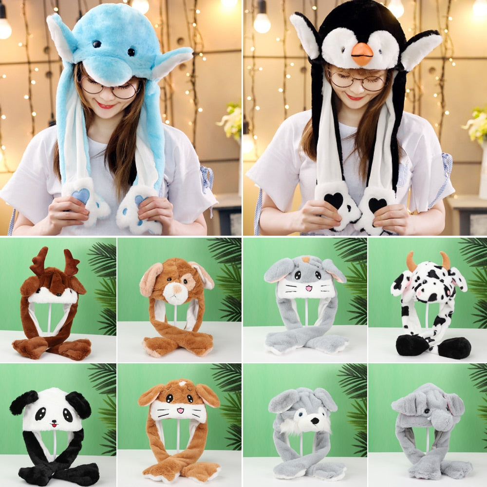 Rabbit Pinch Airbag Plush Funny Cap Animals Ear Hat Moving Jumping Cute Soft Warm Women Girls Cute Winter Cap 2021