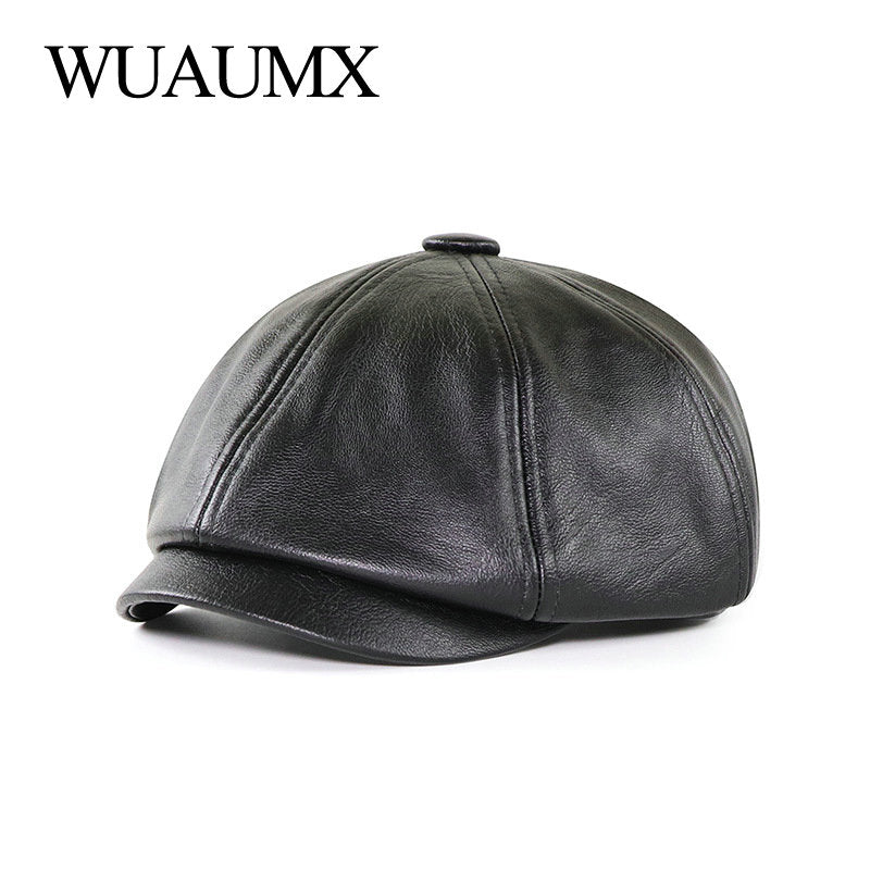 Wuaumx PU Newsboy Caps Men Faux Leather Octagonal Hat Male Retro Middle-aged Duckbill Berets Black Detective Hats Painter Caps