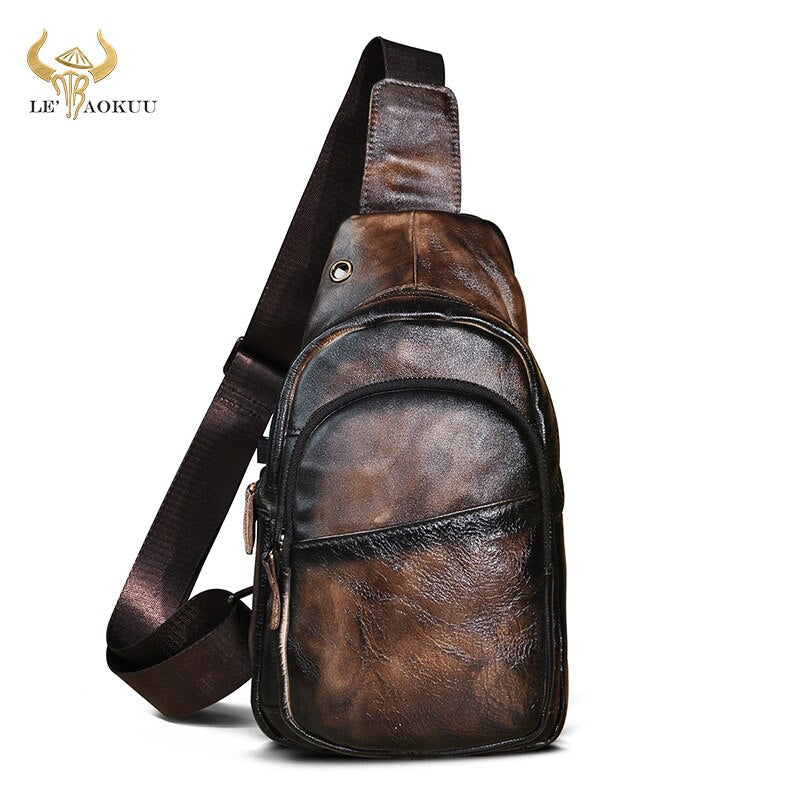 Men Genuine Leather Coffee Vintage Triangle Chest Bag Sling Bag Design Daypack One Shoulder Bag Fashion Cross-body Bag Male 008