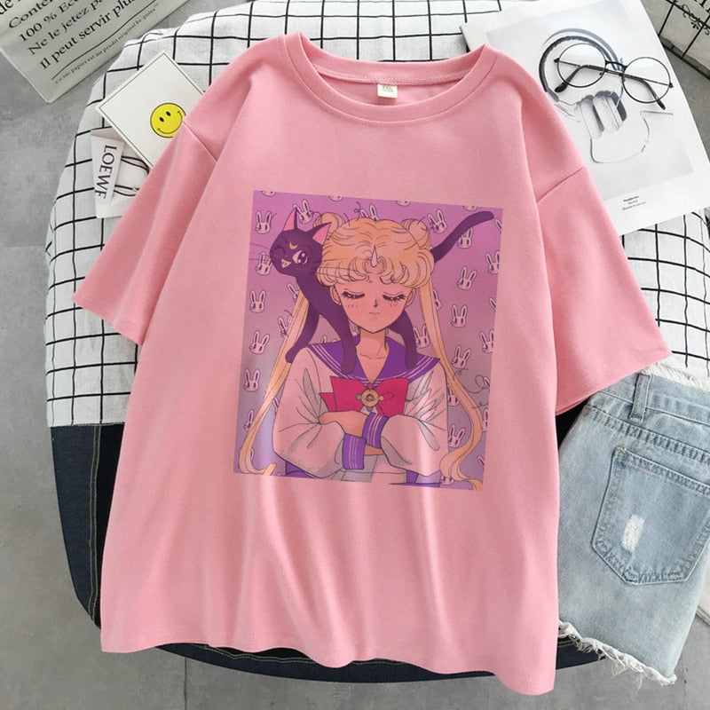 Sailor Moon Kawaii Graphic Print T-shirt Women Sailor Moon White Top Streetwear