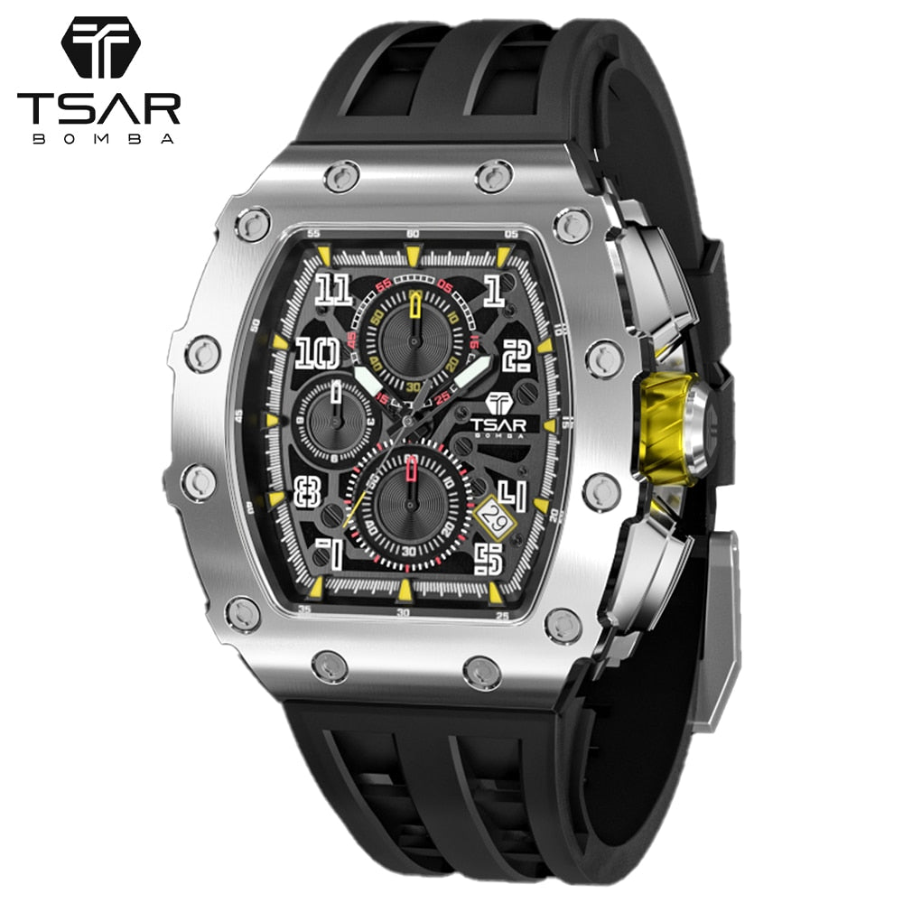 TSAR BOMBA Watch Men Luxury Brand Tonneau Design 50M Waterproof Stainless Steel Wristwatch Sport Chronograph Stylish Mens Watch