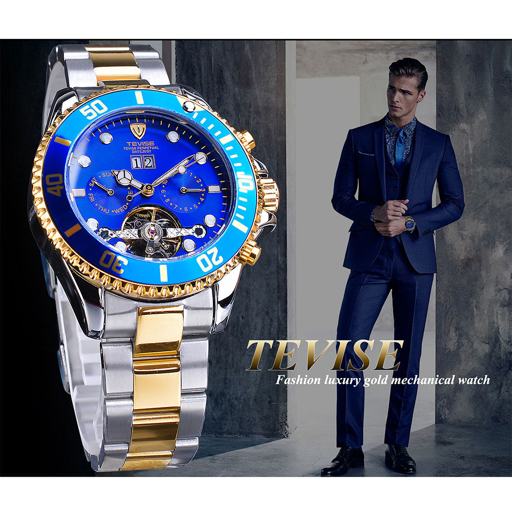 TEVISE Tourbillion Calendar Design Blue Golden Royal Navy Mens Automatic Brand Watch Top Luxury Mechanical Hour Male Waterproof