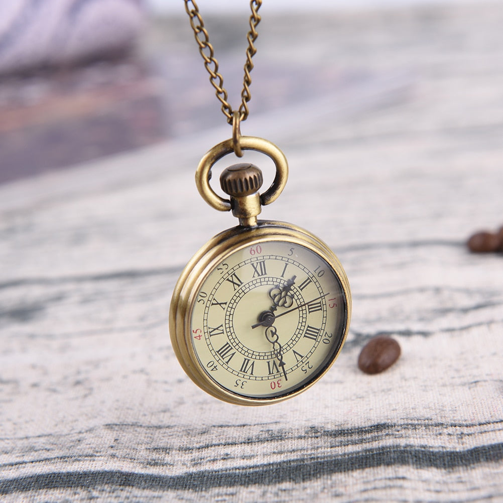 1 Inch Pocket Watch Necklace Pendant Vintage Simple Style Steampunk Beige Dial Roman Numbers