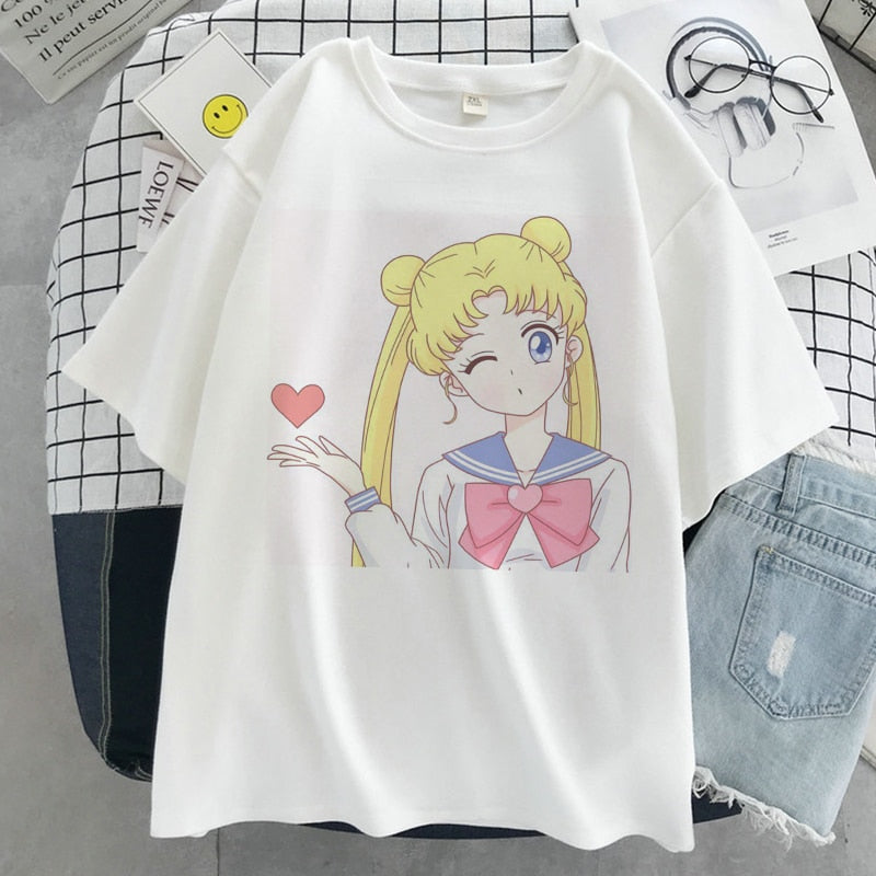 Sailor Moon Kawaii Graphic Print T-shirt Women Sailor Moon White Top Streetwear