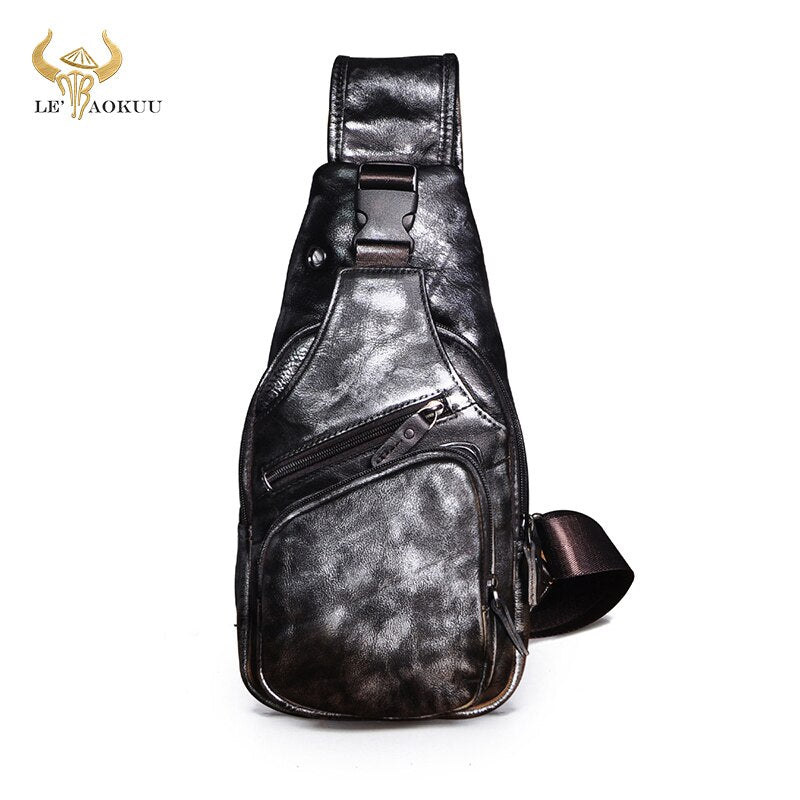 Hot Sale Soft Genuine Leather Fashion Triangle Sling Chest Bag For Men Female 8" Tablet Design One Shoulder Cross body Bag 8015